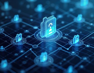 Poster - Digital data network design tech illustration shows interconnected data folders representing user information. Modern tech design with glowing blue elements conveys secure info exchange. Image