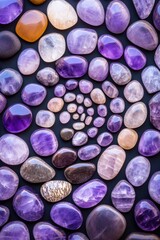 Sticker - Glowing amethyst gemstones in spiral arrangement displaying mystical beauty on a black background with lavender reflections