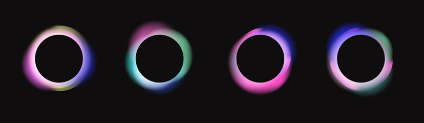Poster - Black round circles with blurred neon gradients, glowing frames with holographic light blur effect. Trendy colorful fluid gradient elements, vivid futuristic blurry circle banner vector set. 