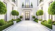 © Sampao - A clean and beautiful house front with a symmetrical garden design, white walls, and a paved driveway, captured top-down.