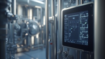 Poster - A clean industrial environment with SCADA system monitors displaying production statistics.
