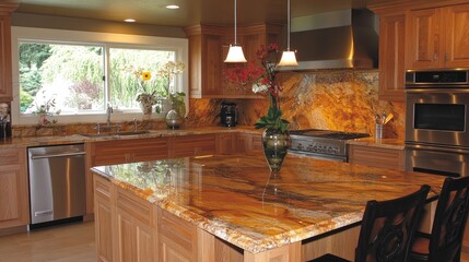 Poster - A clean kitchen with unique backsplash patterns and high-quality wood finishes.