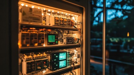 Poster - A clean PLC cabinet with modular controllers, power supplies, and communication devices.