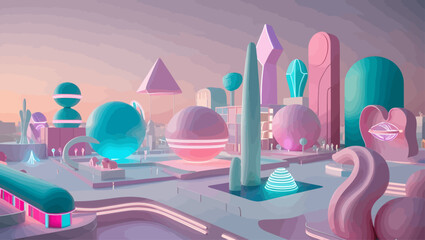 Poster - Abstract pastel 3D city, whimsical surreal structures and glowing accents
