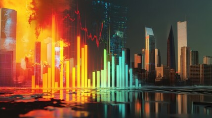 Poster - glowing colorful bar graphs rise and fall against a backdrop of skyscrapers reflected on wet pavemen