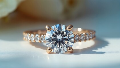 Poster - Sparkling diamond engagement ring on white background. High quality image shows beautiful diamond setting. Elegant, romantic design. Great for jewelry stores, dealers, fashion magazines. Excellent