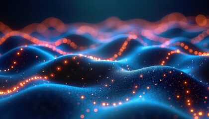 Aufkleber - Abstract digital landscape displays dynamic data points. Networked data flows create vibrant visual landscape. Futuristic tech visualization shows interconnected nodes, complex systems in virtual