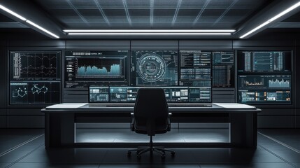 Poster - A control center with MES analytics dashboards on large, ultra-modern screens.