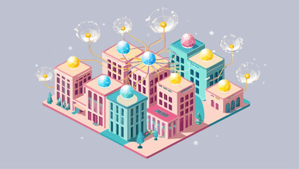 Poster - Connected City Network Isometric Building Structures and Global Spheres