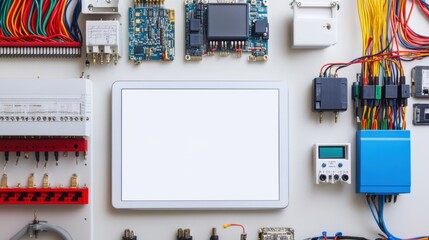 Poster - A flat lay of PLC troubleshooting tools, wiring diagrams, and a digital tablet.