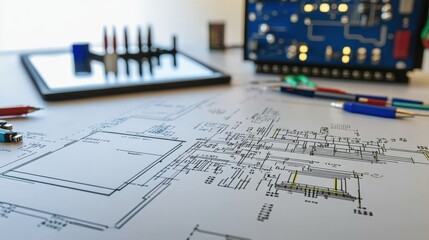 Poster - A flat lay of PLC troubleshooting tools, wiring diagrams, and a digital tablet.