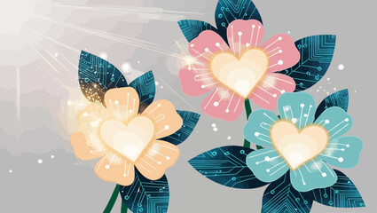 Aufkleber - Digital Love Flowers on Grey with Sparkle, Peach, Pink, Blue Heart