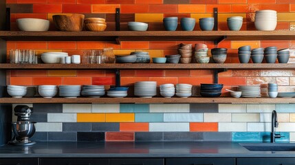 Poster - A vibrant kitchen design with colorful tiles, open shelving, and neatly arranged dishes.