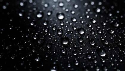 Poster - Close-up view of water droplets on dark surface. Small water circles reflect light. Abstract pattern of water drops. Detailed macro shot of water droplets on dark background. Perfect for texture,