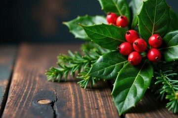 Wall Mural - Holly berries and evergreen branches on a table, leaves, greenery, decoration