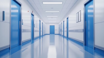  Sterile Hospital Corridor With Blue Doors And Walls