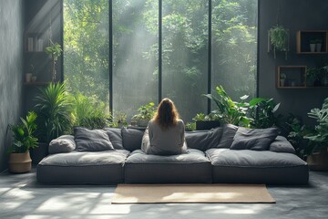 Painful body stiffness problem older asian woman sitting on gray sofa holding neck suffering from chronic pain and muscle ache