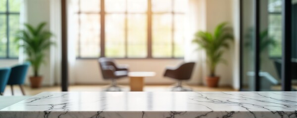 Aufkleber - Modern marble tabletop in office interior setting. Blurred background shows bright room with chairs, plants. Plenty of space for product display. Elegant, empty workplace. Ideal for mockup, display