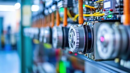 Poster - A row of servo motors neatly arranged in a factory assembly area.