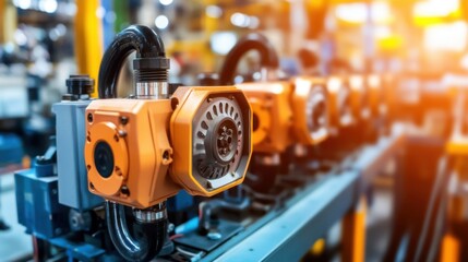 Poster - A row of servo motors neatly arranged in a factory assembly area.