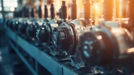 Poster - A row of servo motors neatly arranged in a factory assembly area.