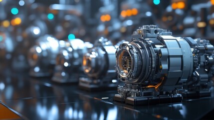 Poster - A row of servo motors neatly arranged in a factory assembly area.