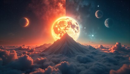 Poster - Celestial bodies clash over ethereal landscape. Dawn, twilight merge in vibrant hues. Mountain peak stands amidst clouds. Celestial entities fight in fantasy world. Planets, stars shimmer in sky