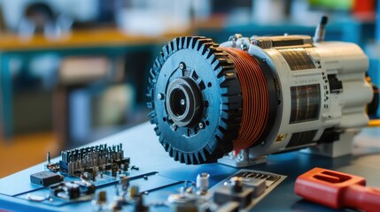 Poster - A servo motor with exposed wiring and connections in a controlled lab setup.