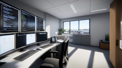 Poster - A sleek industrial control room with ERP software monitors displaying supply chain data.