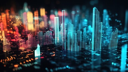 Aufkleber - Colorful glowing lines outlining buildings form a futuristic cityscape at night, representing digital innovation and smart city technologies