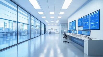 Poster - A sleek industrial control room with MRP dashboards tracking inventory and demand.