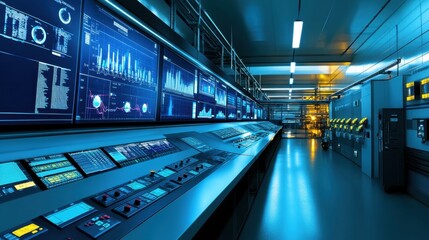 Poster - A sleek industrial workspace with MES charts and data visualized on multiple monitors.