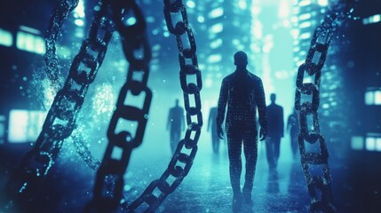 Poster - Businessmen made of particles are walking in a dark, blue street towards a bright light while breaking free from heavy chains, symbolizing freedom and hope