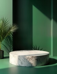 Poster - Empty round marble pedestal in studio setting. Tropical palm leaf casts shadow on green backdrop. Natural light creates dynamic scene. Product display platform. Modern aesthetic. Minimalist design.