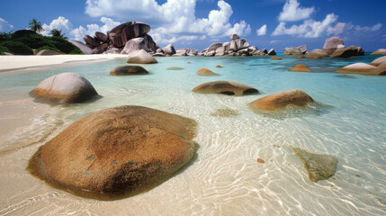 Wall Mural - serene beach scene featuring clear turquoise water, smooth rocks, and sandy shore under bright blue sky with fluffy clouds. tranquil atmosphere invites relaxation and exploration