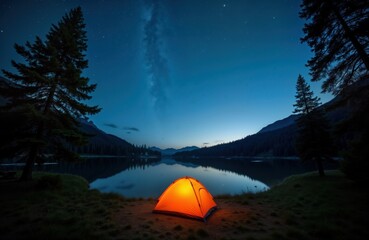 orange tent illuminated by light stands at lake shore under starry night sky. calm water reflects st