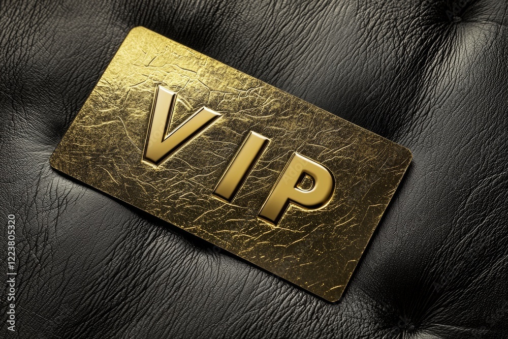 Vip License Golden vip card with embossed letters is placed on a black leather ...