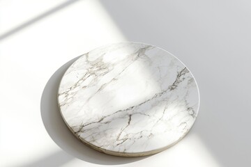 Poster - Empty round marble podium resting on a white background, illuminated by soft window light that creates gentle shadows, ideal for presenting beauty products or stylish items