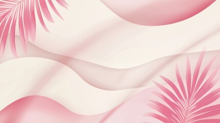Poster - Pink tropical palm leaves overlapping soft wavy abstract shapes creating a delicate and elegant backdrop, ideal for beauty, fashion, or summer-themed projects