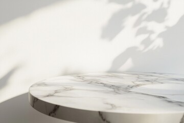 Poster - Empty round marble podium resting against a white wall, featuring a delicate leaf shadow, creates an ideal setting for showcasing products in advertising and presentations