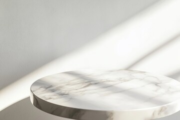 Poster - Sunlight is streaming through a nearby window, casting soft, bright reflections on a smooth, empty, round marble pedestal, creating an elegant and minimalist backdrop for product placement