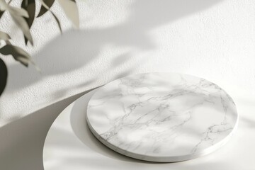 Poster - Empty round marble podium resting on a white table, with soft plant shadows creating a minimal and elegant atmosphere perfect for showcasing products in a stylish presentation