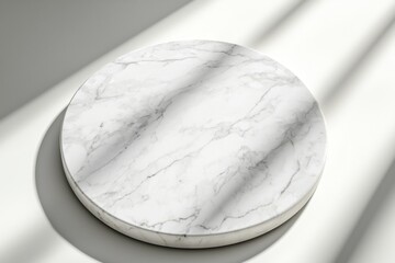 Poster - White round marble podium resting on a pristine white background, illuminated by soft window light that casts delicate shadows, perfect for presenting luxury products or elegant items