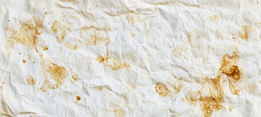 Poster - Crumpled white paper surface presents various coffee stains and wrinkles, creating an artistic and textured background ideal for vintage or grunge designs