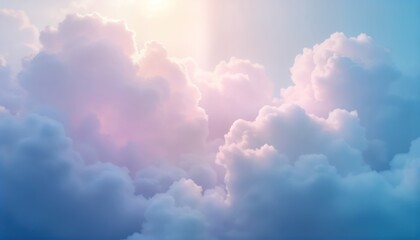 Poster - Soft pastel sky with big fluffy clouds. Light and peaceful colors create calming atmosphere. Suitable for background designs. Tranquil image perfect for digital art or soft aesthetic themes.