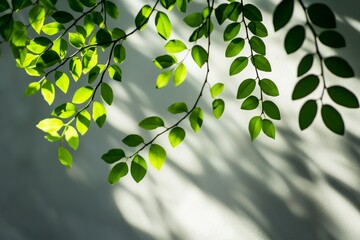 Poster - Illuminated sunlight filtering through vibrant green leaves creates intricate shadows on a clean white backdrop, evoking a serene and natural aesthetic perfect for spring and summer