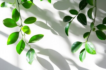 Poster - Lush green leaves cast intricate shadows on a clean white wall, illuminated by bright sunlight, creating a vibrant and refreshing natural aesthetic