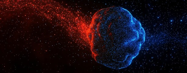 Poster - Depicting a cosmic event where a blue, spherical entity absorbs a stream of red particles against a backdrop of distant stars, combining scientific accuracy with artistic interpretation