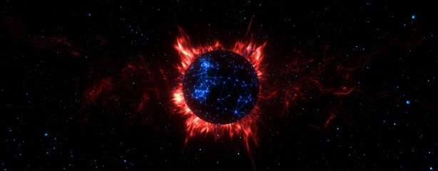 Poster - Plexus effect is creating a network around a burning planet in the deep space surrounded by nebula clouds and stars, a perfect wallpaper or background