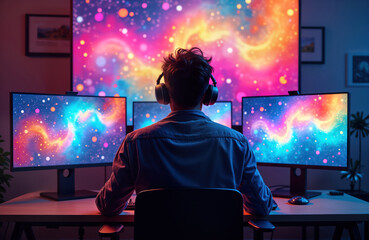 Poster - Digital artist works in modern tech studio. Person sits at desk with multiple monitors showing vibrant colorful abstract patterns. AI assistant provides real-time feedback. Bright lighting emphasizes